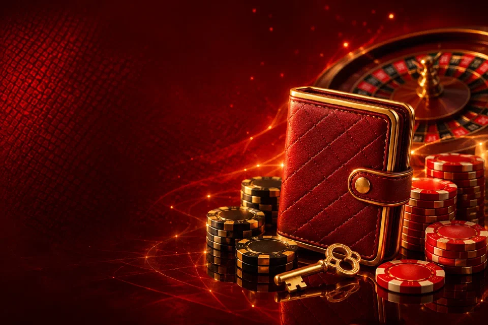 Red wallet, gold key and casino chips in warm gold light