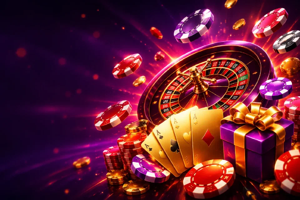 Golden roulette wheel, playing cards, chips and a gift box in purple light